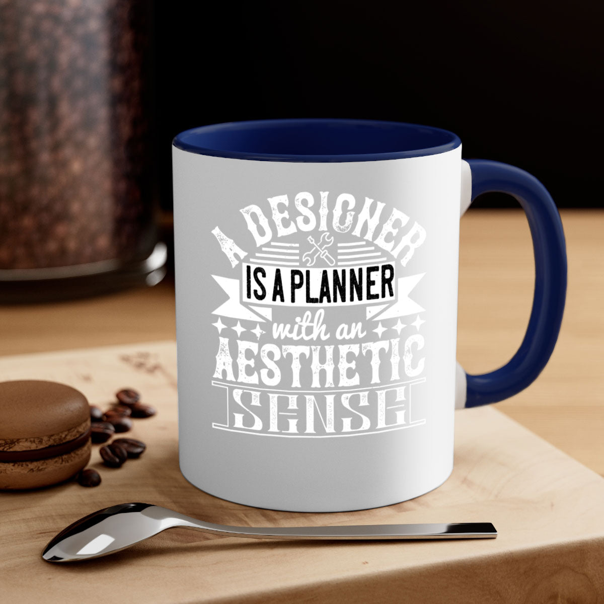 A designer is a planner with an aesthetic sense Style 28# Mug featuring a glossy finish, colored handle, and interior, available in multiple colors.