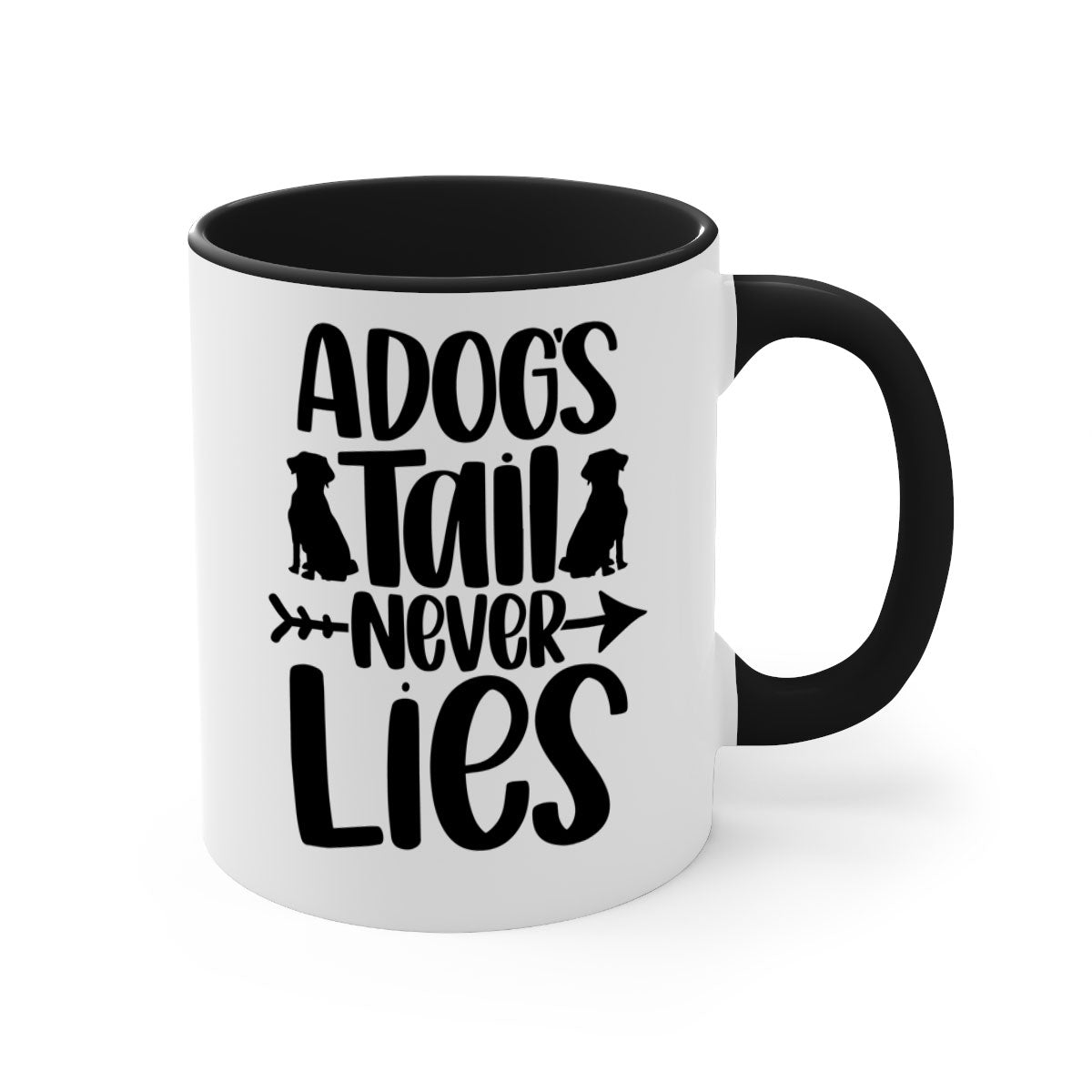 A Dogs Tail Never Lies Style 37# Dog Mug featuring a glossy finish, colored handle, and interior, available in five colors.