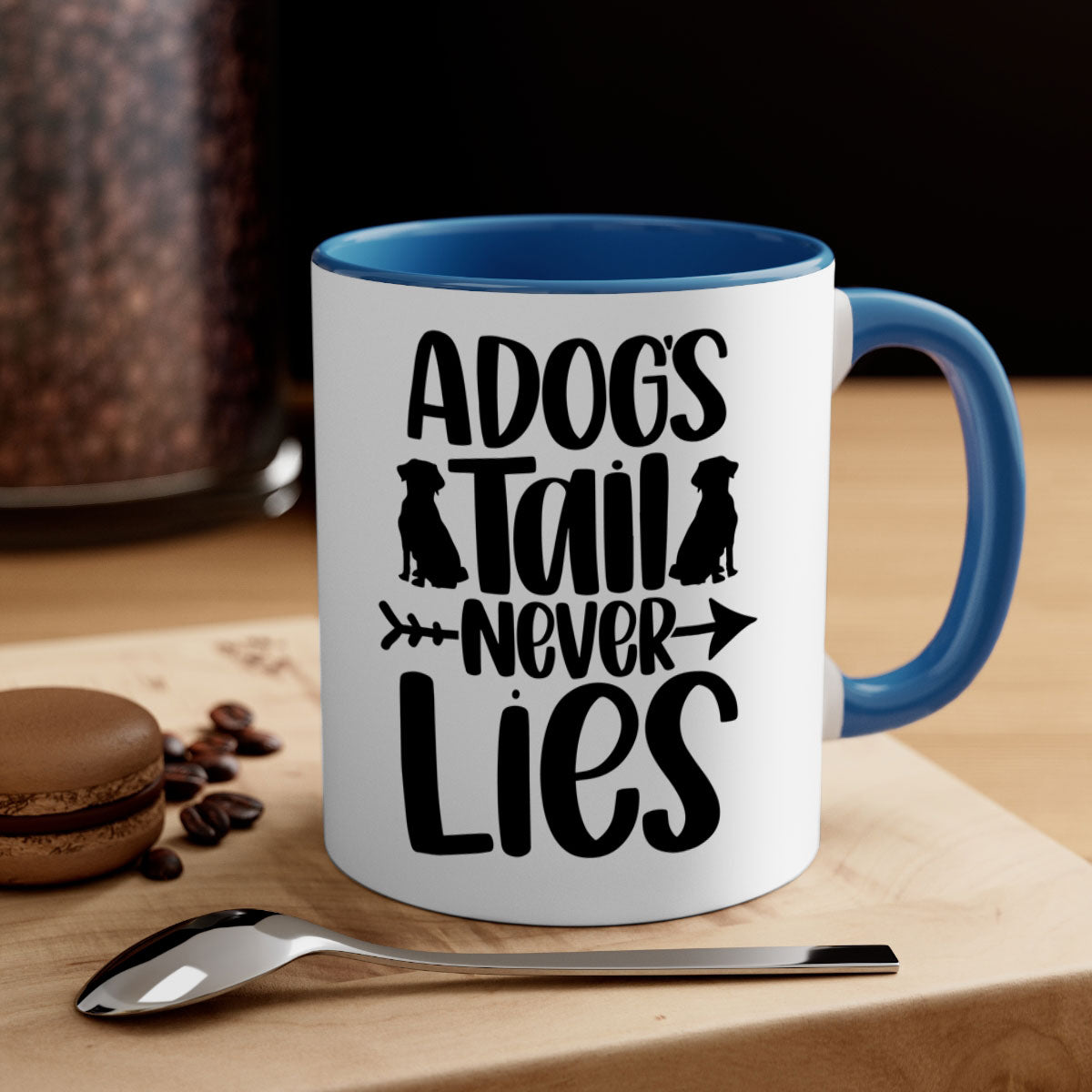 A Dogs Tail Never Lies Style 37# Dog Mug featuring a glossy finish, colored handle, and interior, available in five colors.