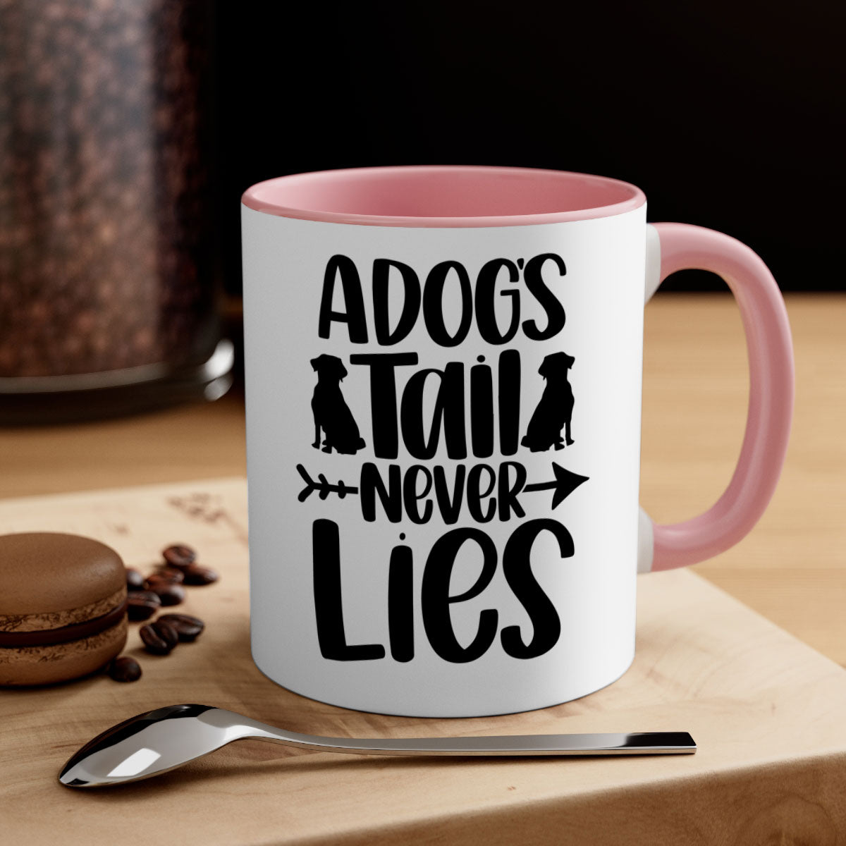 A Dogs Tail Never Lies Style 37# Dog Mug featuring a glossy finish, colored handle, and interior, available in five colors.