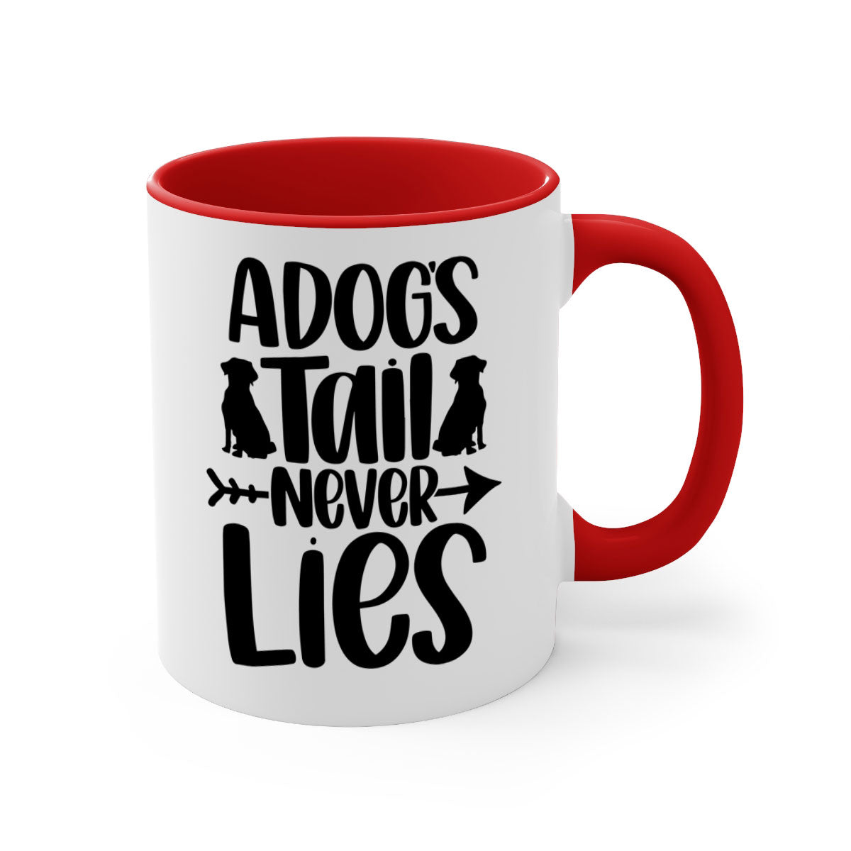 A Dogs Tail Never Lies Style 37# Dog Mug featuring a glossy finish, colored handle, and interior, available in five colors.