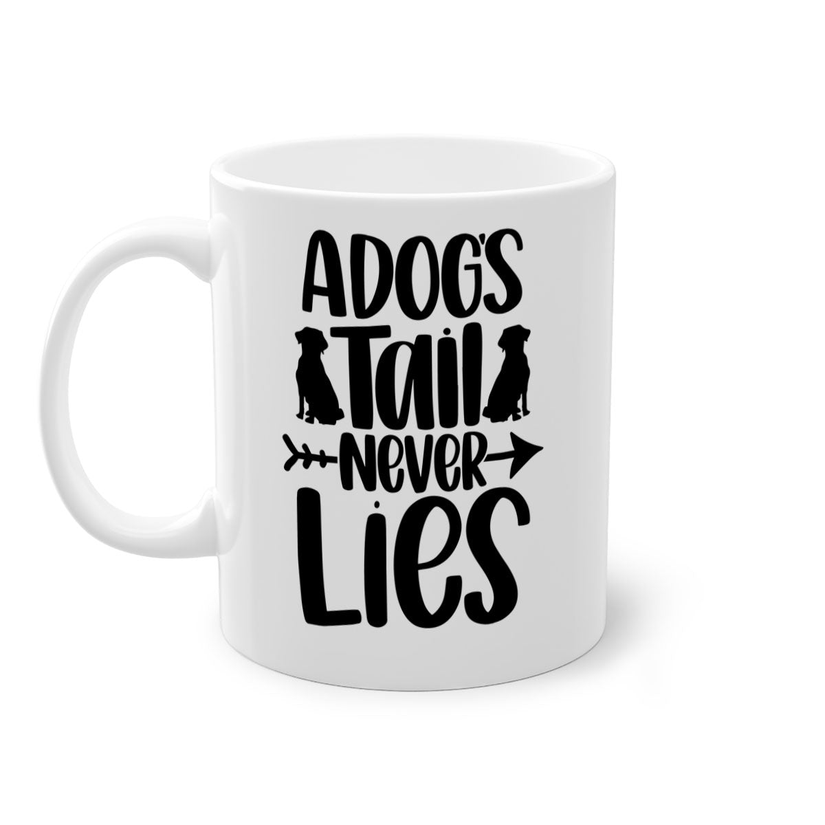 A Dogs Tail Never Lies Style 37# Dog Mug featuring a glossy finish, colored handle, and interior, available in five colors.