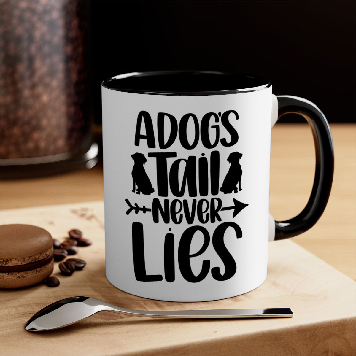 A Dogs Tail Never Lies Style 37# Dog Mug featuring a glossy finish, colored handle, and interior, available in five colors.