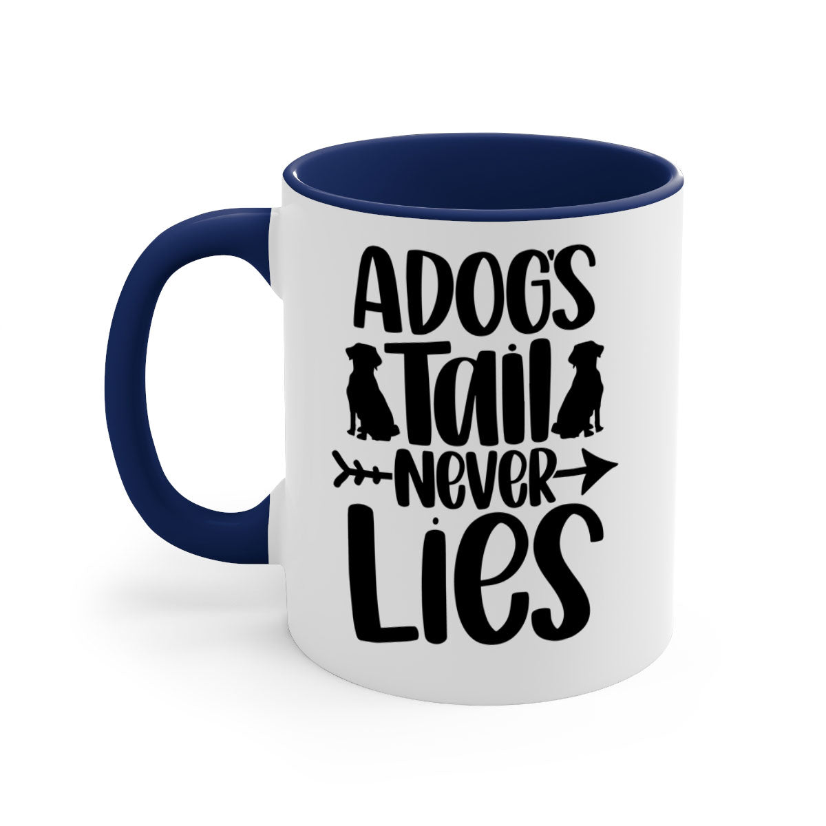 A Dogs Tail Never Lies Style 37# Dog Mug featuring a glossy finish, colored handle, and interior, available in five colors.