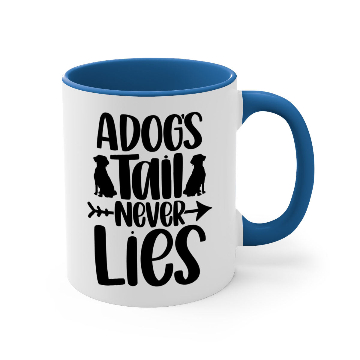 A Dogs Tail Never Lies Style 37# Dog Mug featuring a glossy finish, colored handle, and interior, available in five colors.