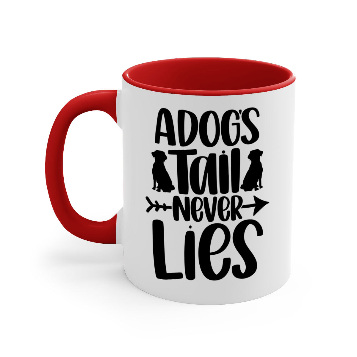 A Dogs Tail Never Lies Style 37# Dog Mug featuring a glossy finish, colored handle, and interior, available in five colors.