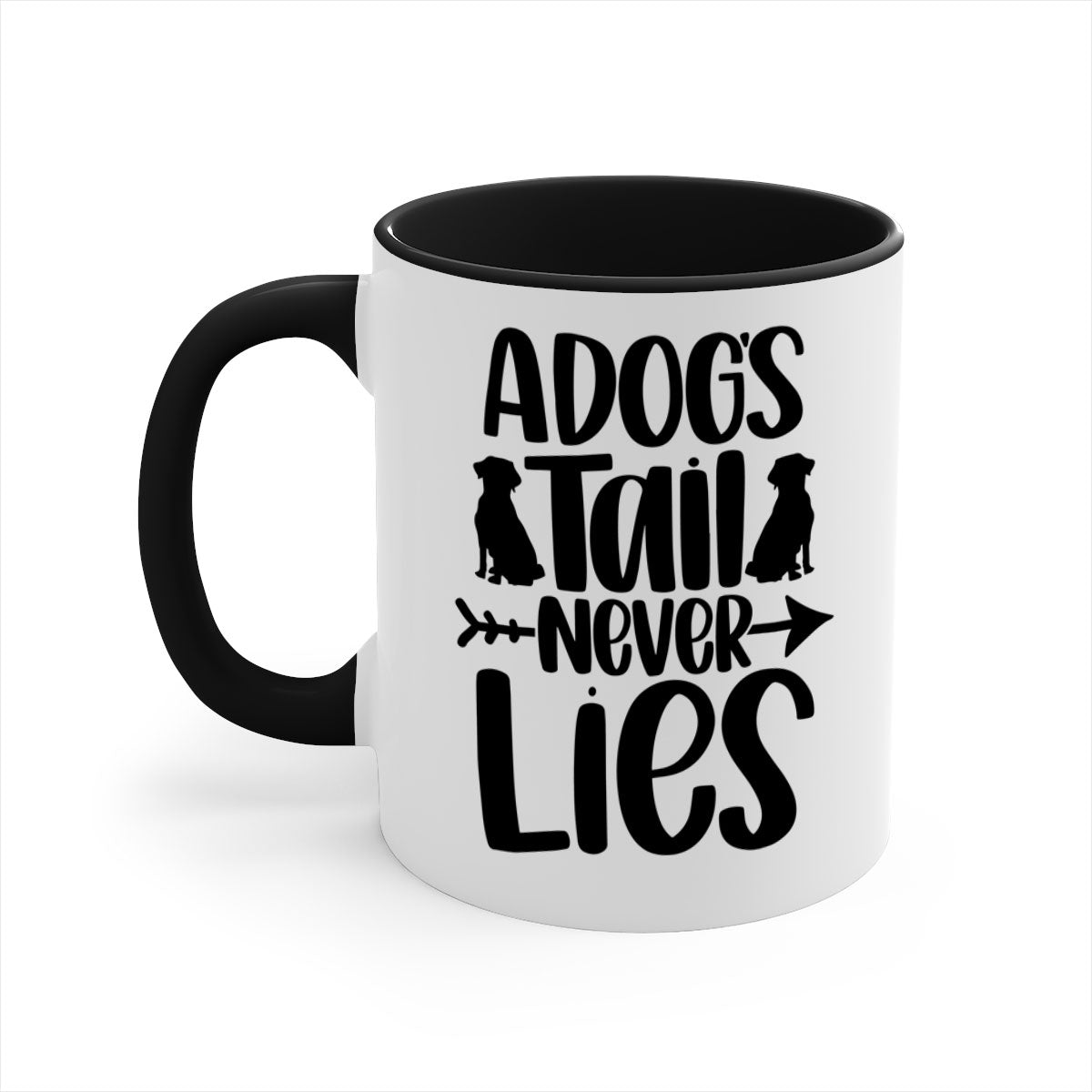 A Dogs Tail Never Lies Style 37# Dog Mug featuring a glossy finish, colored handle, and interior, available in five colors.