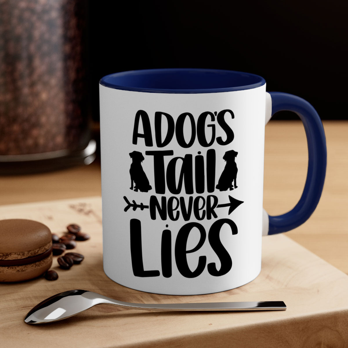 A Dogs Tail Never Lies Style 37# Dog Mug featuring a glossy finish, colored handle, and interior, available in five colors.