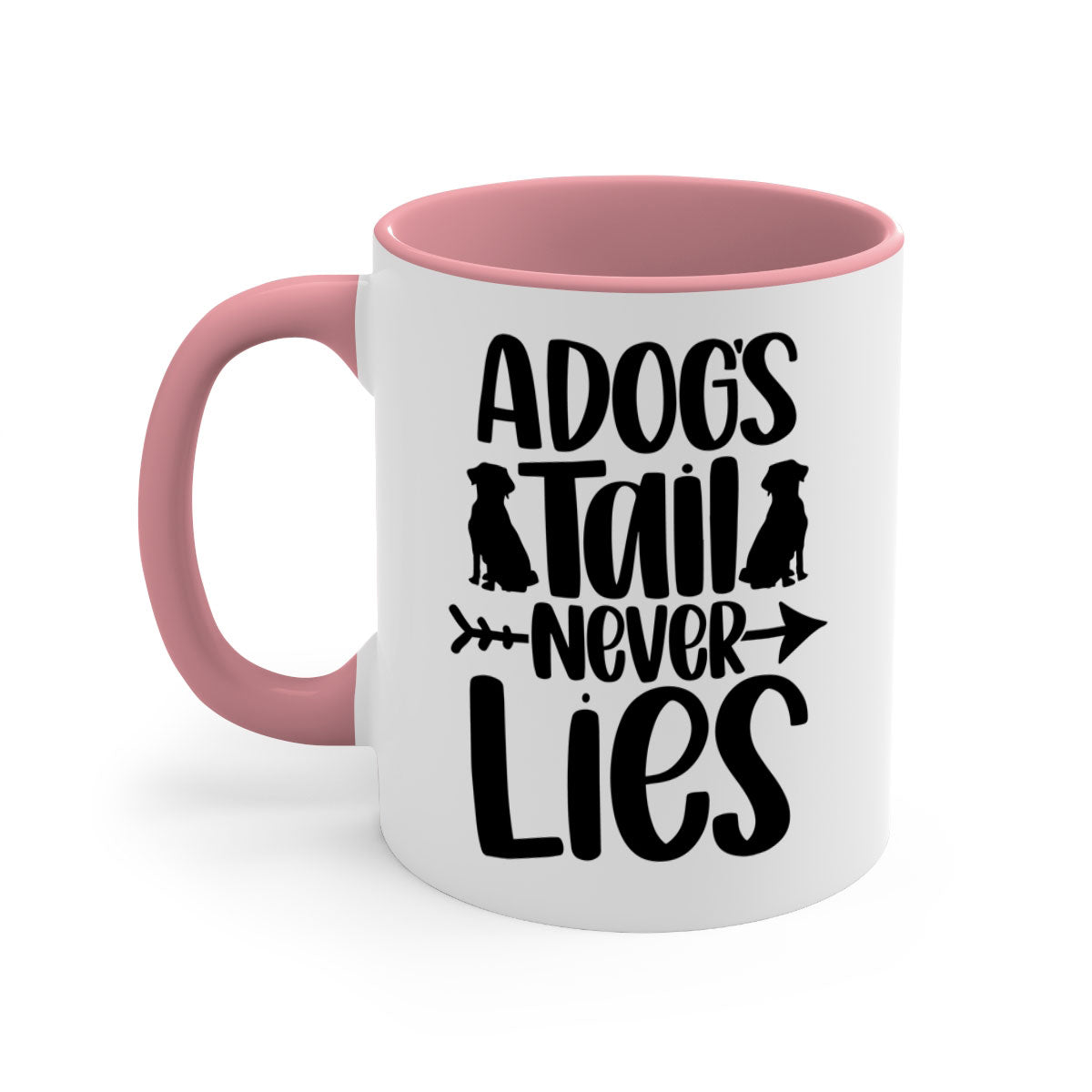 A Dogs Tail Never Lies Style 37# Dog Mug featuring a glossy finish, colored handle, and interior, available in five colors.