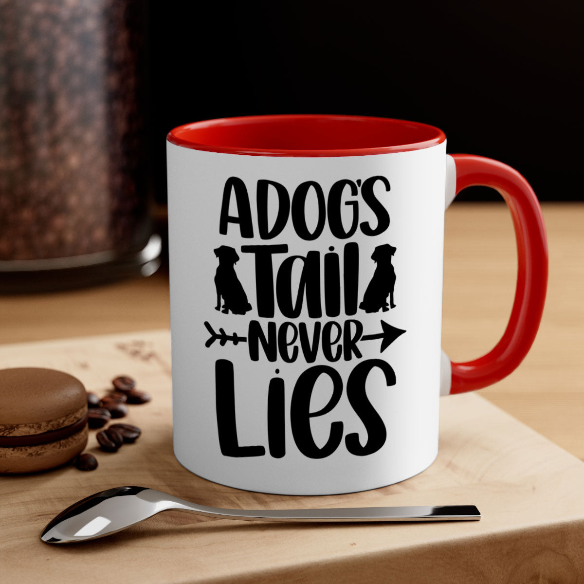 A Dogs Tail Never Lies Style 37# Dog Mug featuring a glossy finish, colored handle, and interior, available in five colors.