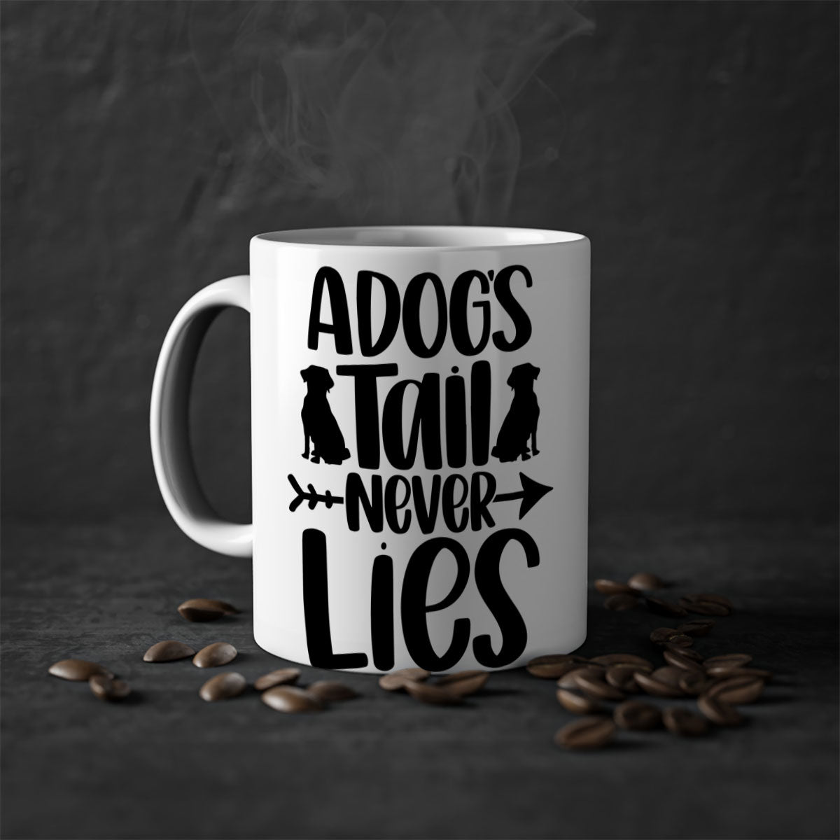 A Dogs Tail Never Lies Style 37# Dog Mug featuring a glossy finish, colored handle, and interior, available in five colors.