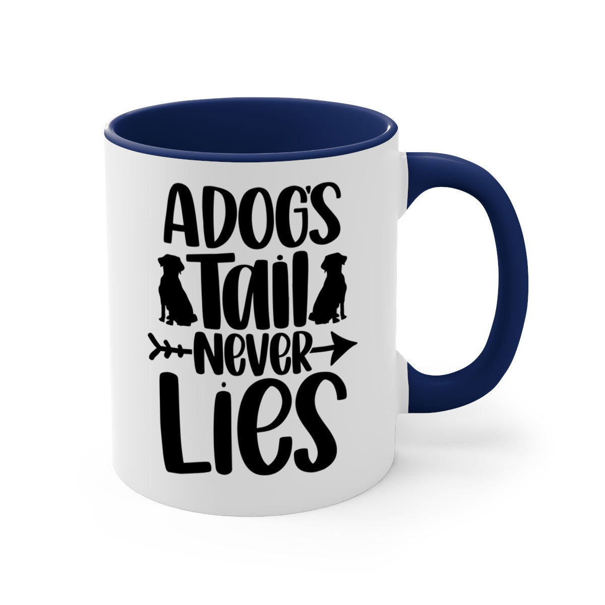 A Dogs Tail Never Lies Style 37# Dog Mug featuring a glossy finish, colored handle, and interior, available in five colors.