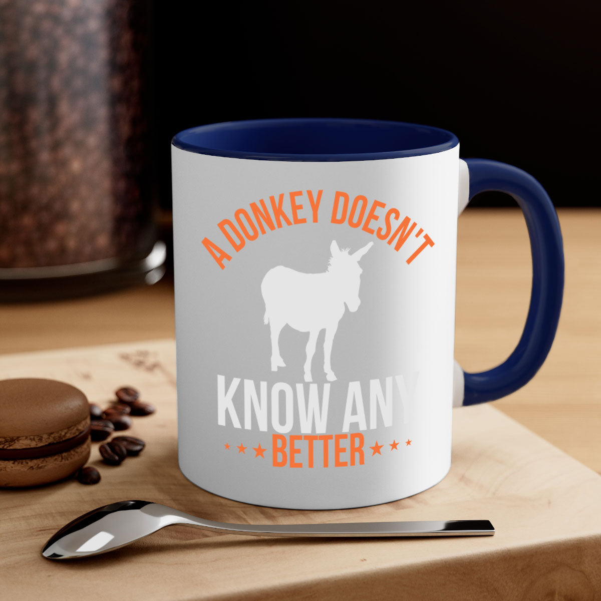 A colorful two-tone donkey mug with a glossy finish, featuring a C-shaped handle, available in five colors.