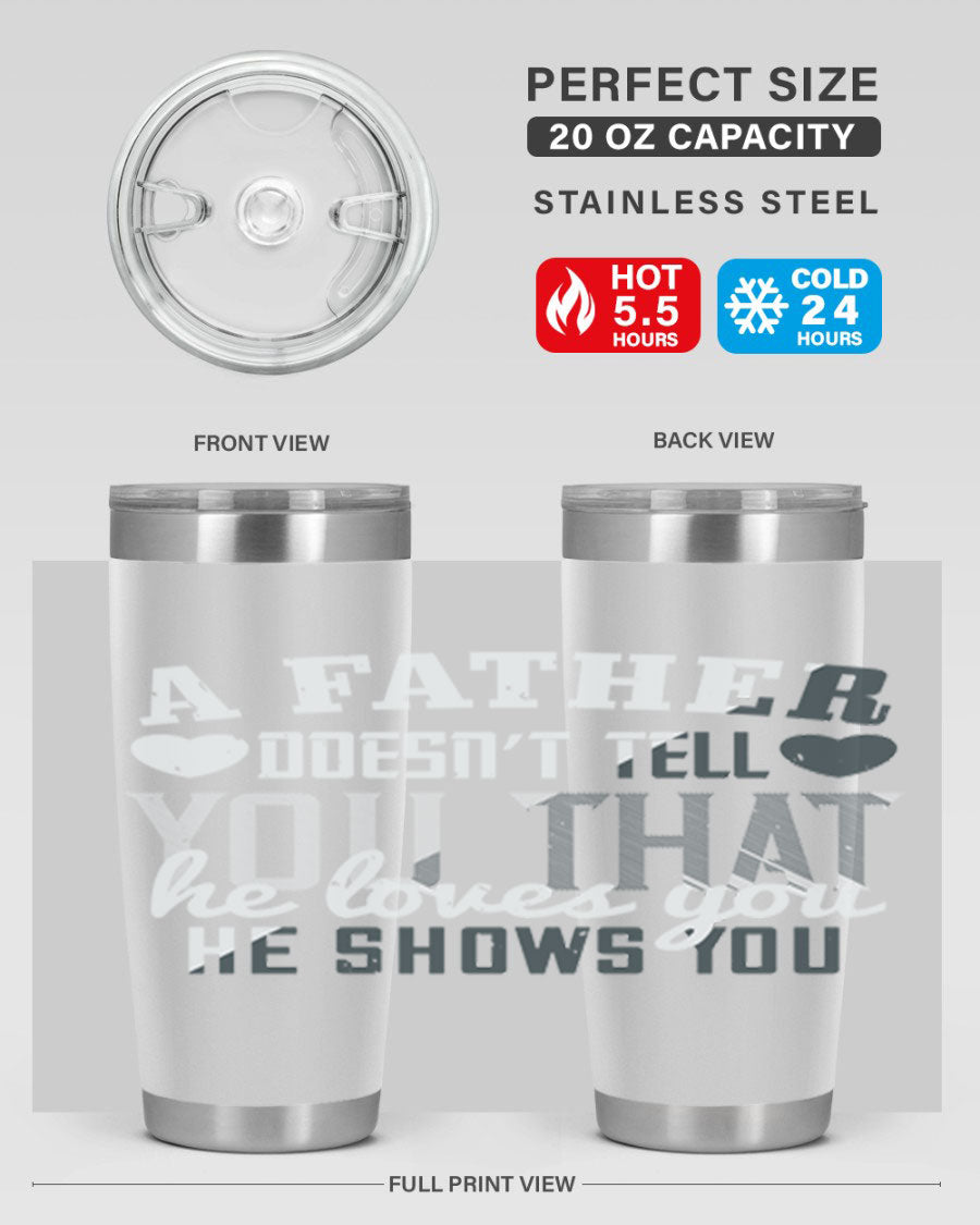 A stylish 20oz stainless steel tumbler with a heartfelt message for Father's Day, featuring a drink-thru lid and double wall vacuum insulation.