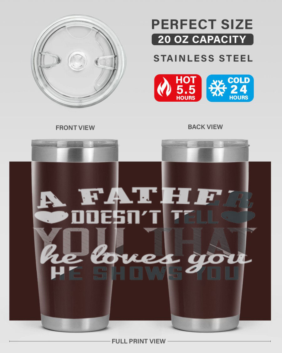 A stylish 20oz stainless steel tumbler with a heartfelt message for Father's Day, featuring a drink-thru lid and double wall vacuum insulation.