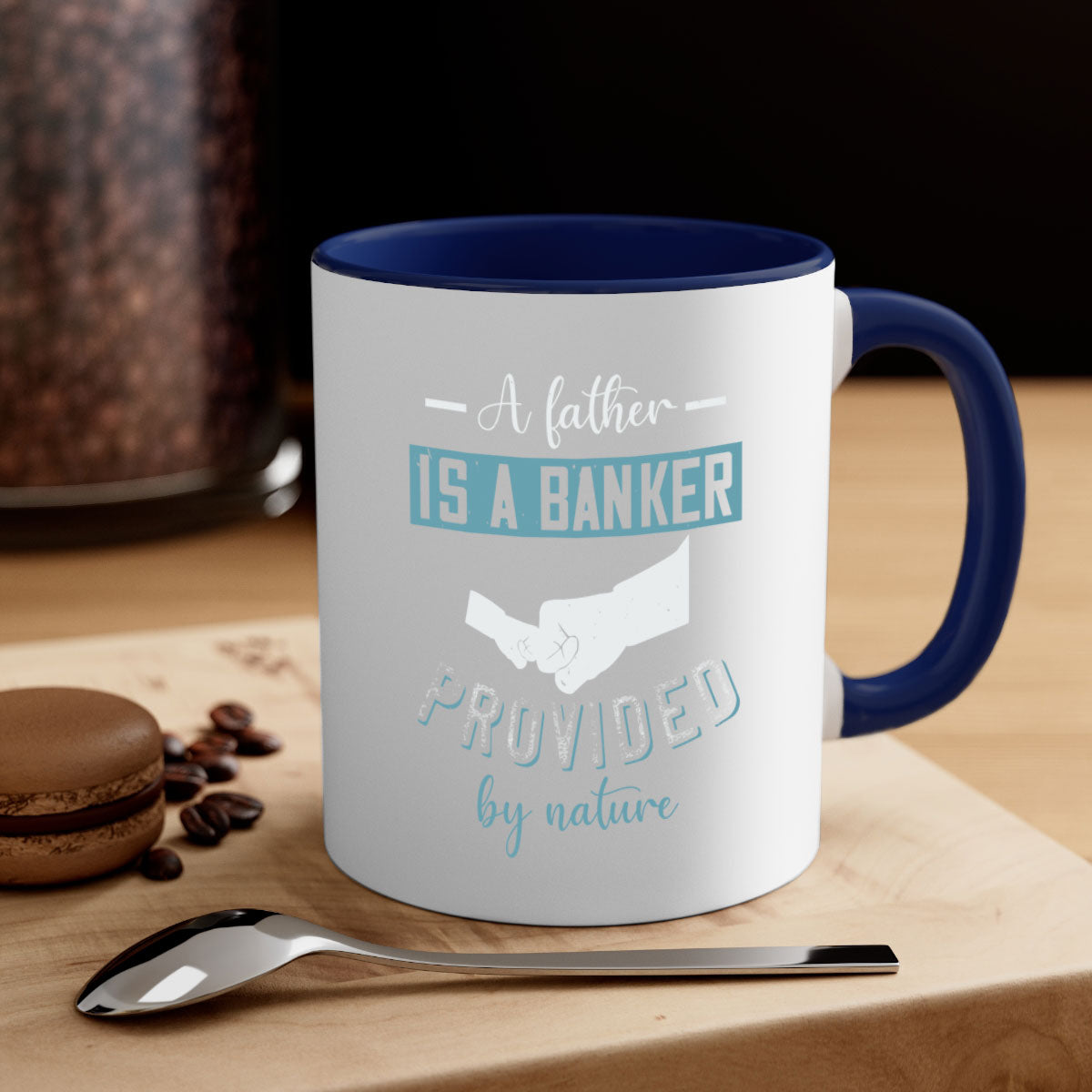 A stylish two-tone coffee mug with 'A Father is a Banker' design, featuring a colored handle and glossy finish, available in multiple colors.