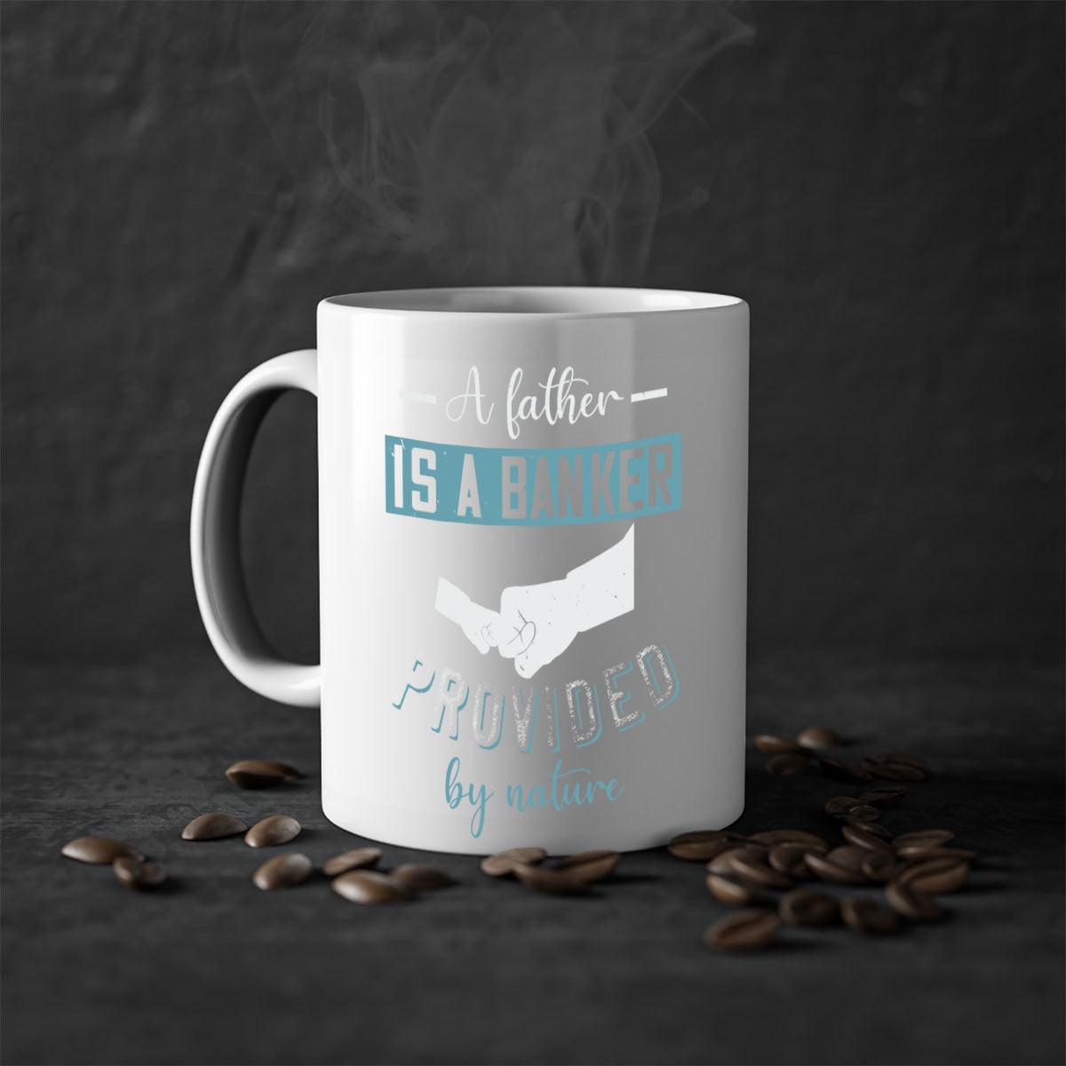 A stylish two-tone coffee mug with 'A Father is a Banker' design, featuring a colored handle and glossy finish, available in multiple colors.