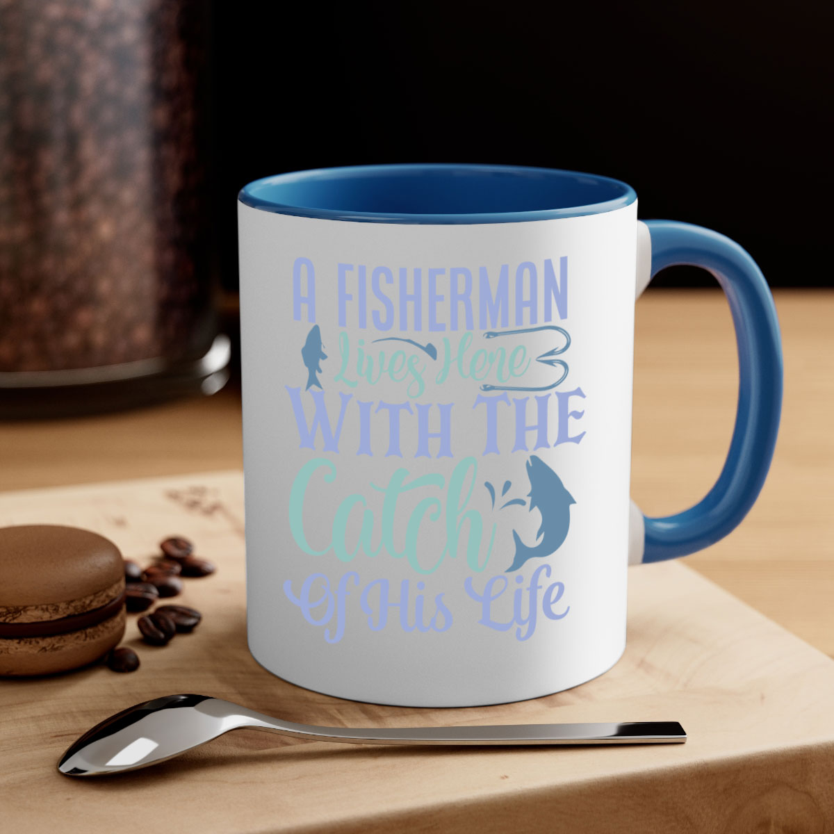 A stylish two-tone ceramic mug featuring the phrase 'A Fisherman Lives Here with the Catch of His Life', available in multiple colors.