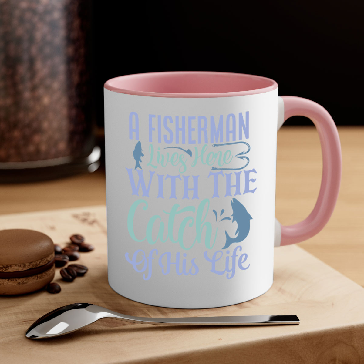 A stylish two-tone ceramic mug featuring the phrase 'A Fisherman Lives Here with the Catch of His Life', available in multiple colors.