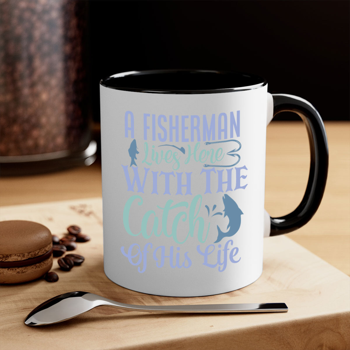 A stylish two-tone ceramic mug featuring the phrase 'A Fisherman Lives Here with the Catch of His Life', available in multiple colors.