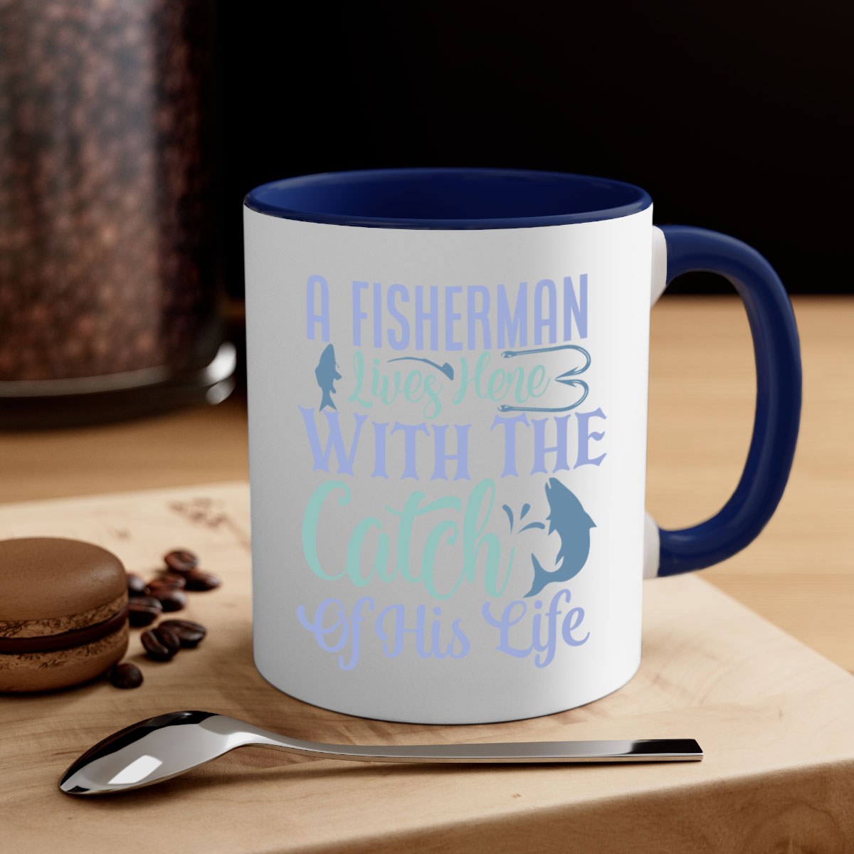 A stylish two-tone ceramic mug featuring the phrase 'A Fisherman Lives Here with the Catch of His Life', available in multiple colors.