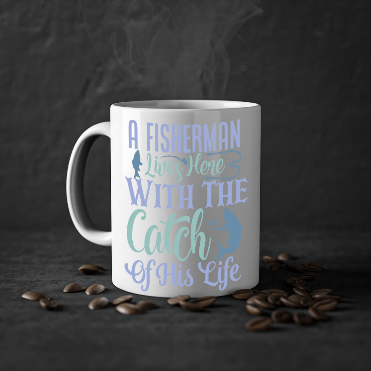 A stylish two-tone ceramic mug featuring the phrase 'A Fisherman Lives Here with the Catch of His Life', available in multiple colors.