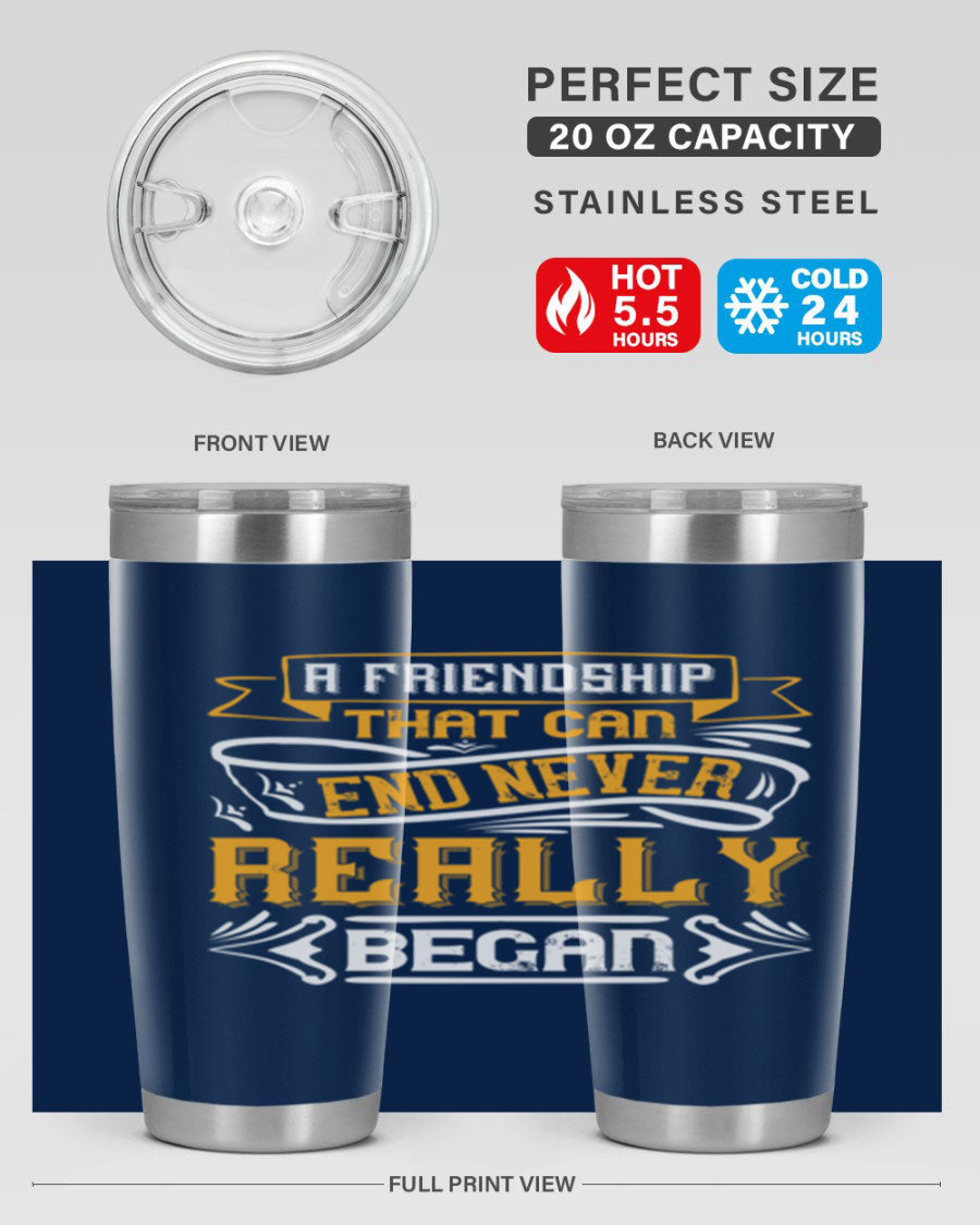 A stylish 20oz and 30oz stainless steel tumbler with a unique friendship-themed design, perfect for hot and cold beverages.