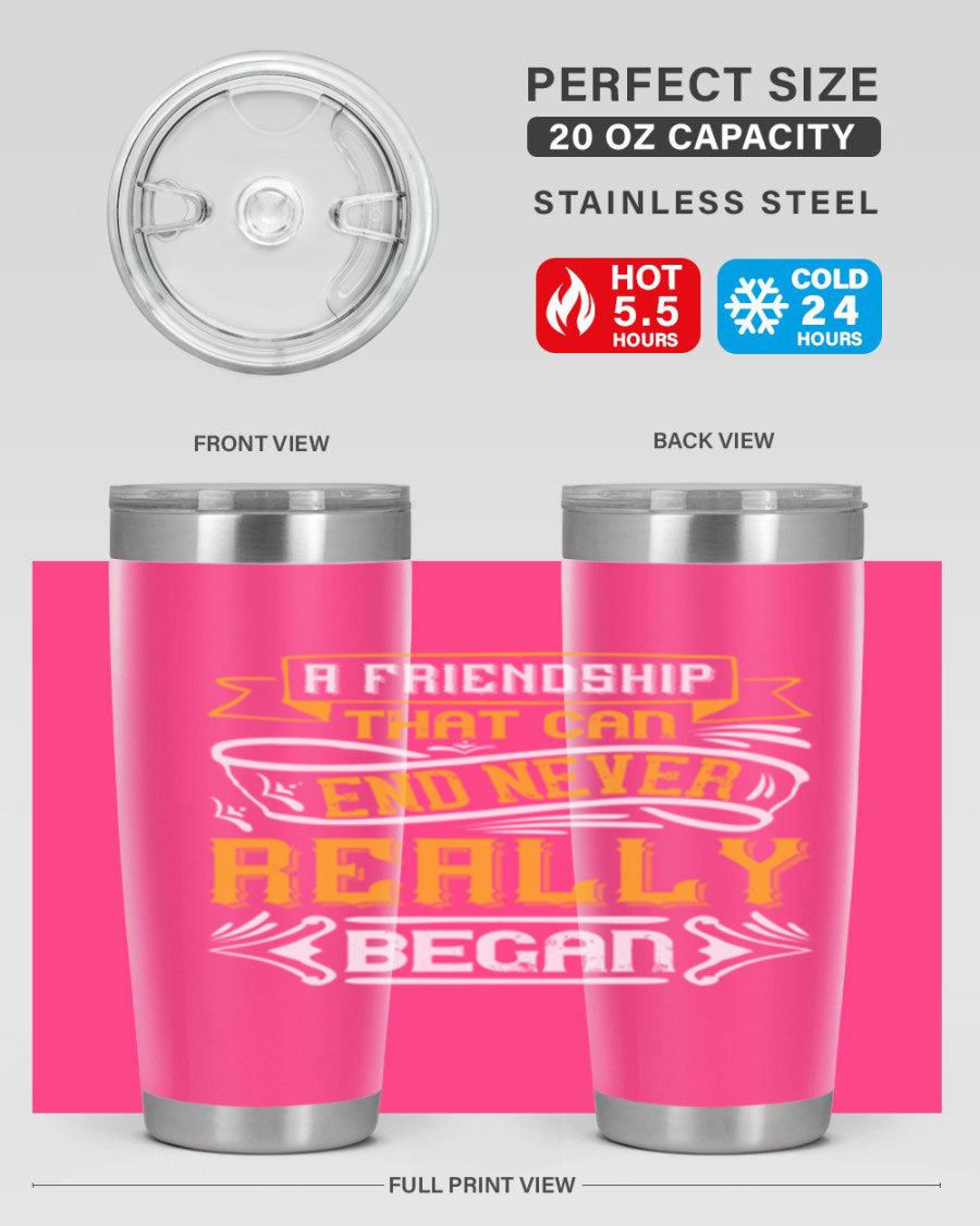 A stylish 20oz and 30oz stainless steel tumbler with a unique friendship-themed design, perfect for hot and cold beverages.