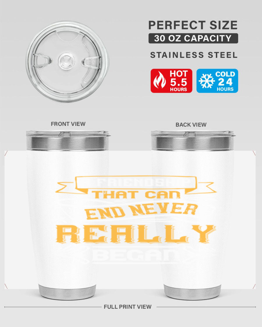 A stylish 20oz and 30oz stainless steel tumbler with a unique friendship-themed design, perfect for hot and cold beverages.