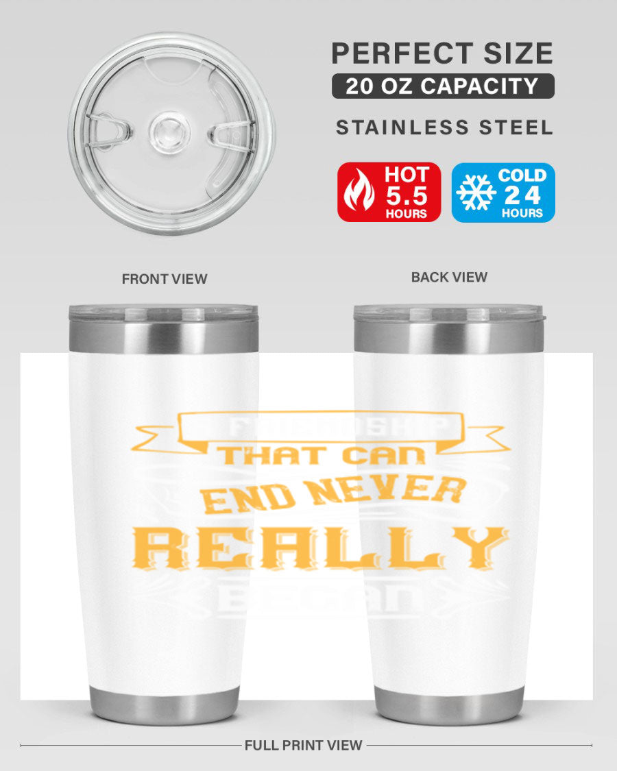 A stylish 20oz and 30oz stainless steel tumbler with a unique friendship-themed design, perfect for hot and cold beverages.