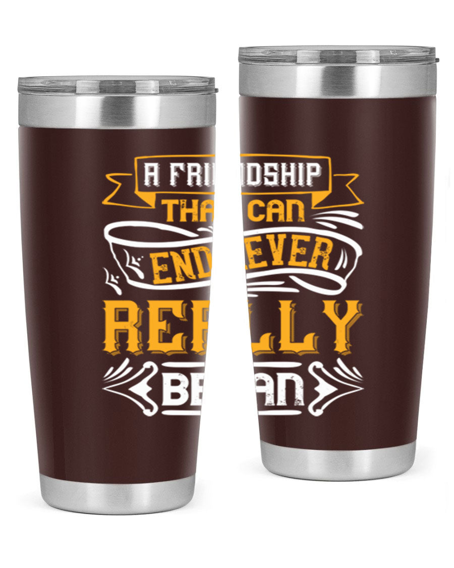 A stylish 20oz and 30oz stainless steel tumbler with a unique friendship-themed design, perfect for hot and cold beverages.