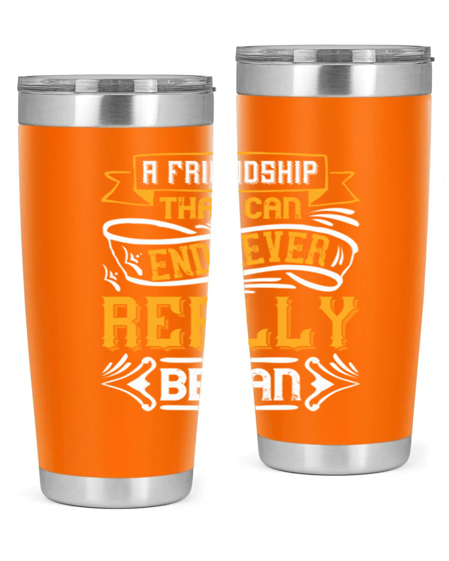 A stylish 20oz and 30oz stainless steel tumbler with a unique friendship-themed design, perfect for hot and cold beverages.