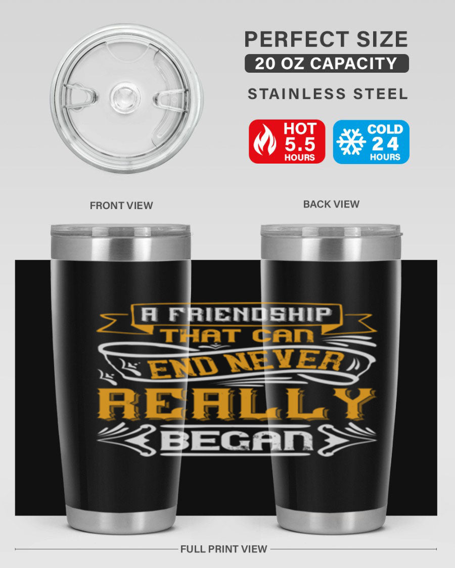 A stylish 20oz and 30oz stainless steel tumbler with a unique friendship-themed design, perfect for hot and cold beverages.