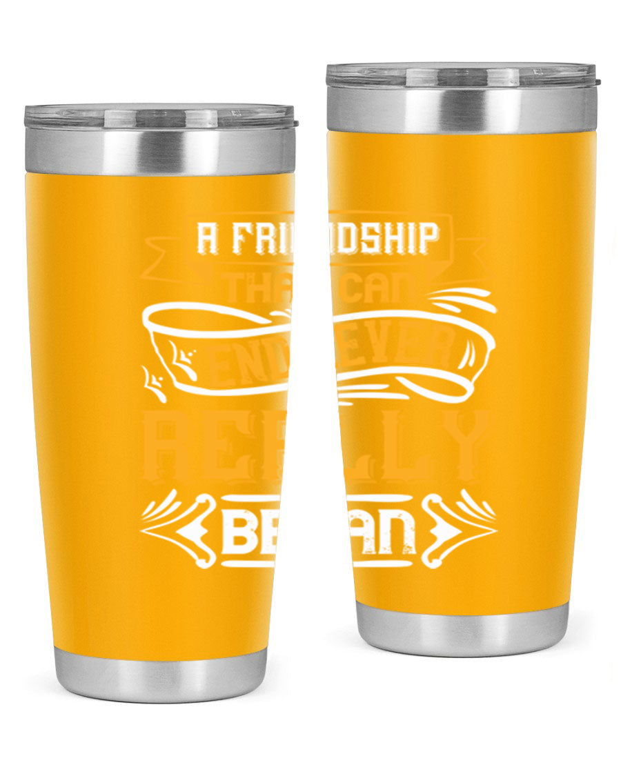 A stylish 20oz and 30oz stainless steel tumbler with a unique friendship-themed design, perfect for hot and cold beverages.