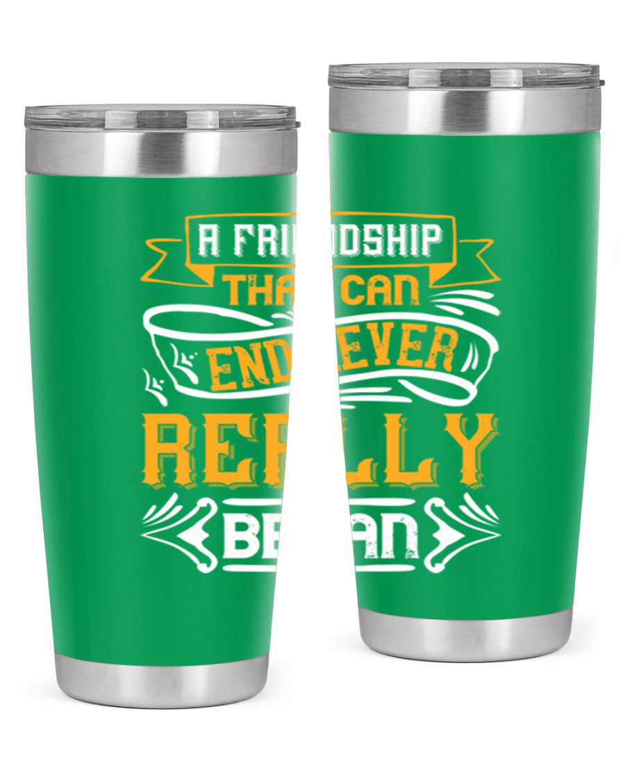 A stylish 20oz and 30oz stainless steel tumbler with a unique friendship-themed design, perfect for hot and cold beverages.