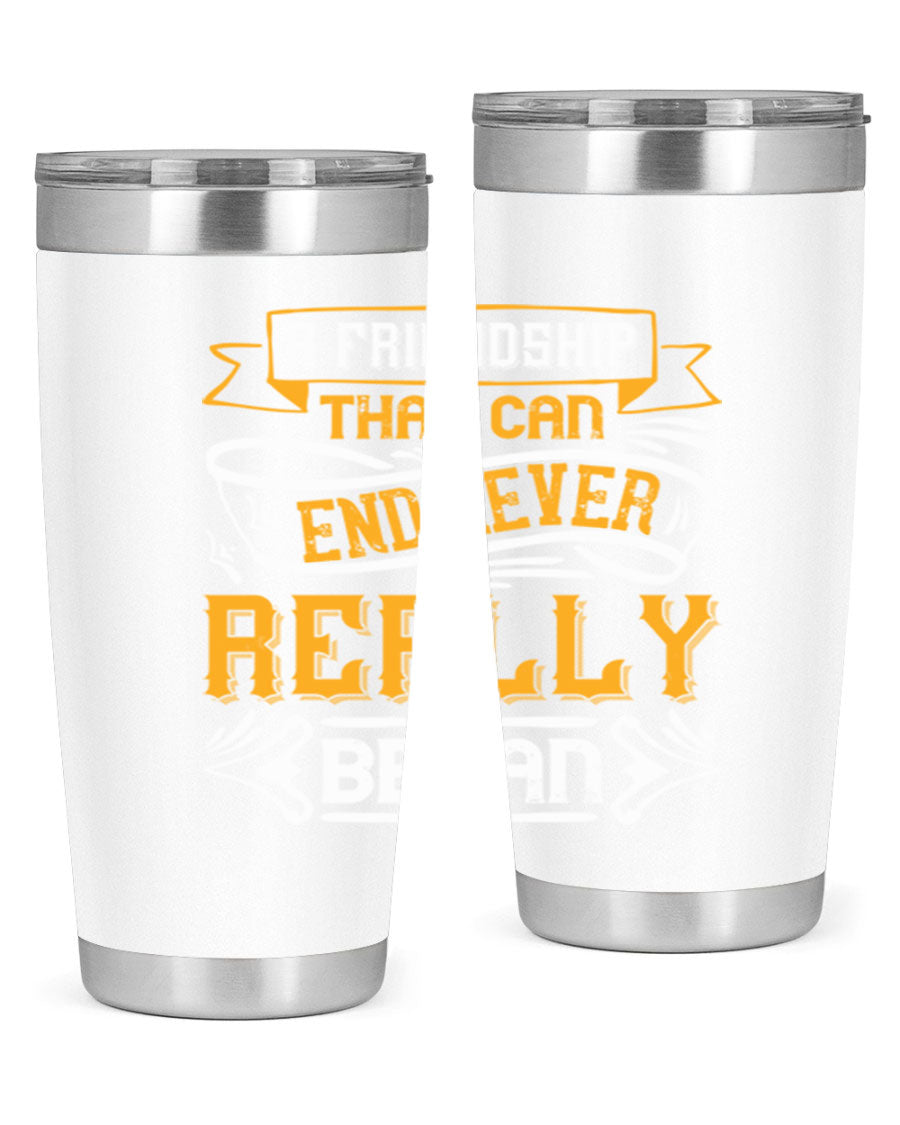 A stylish 20oz and 30oz stainless steel tumbler with a unique friendship-themed design, perfect for hot and cold beverages.