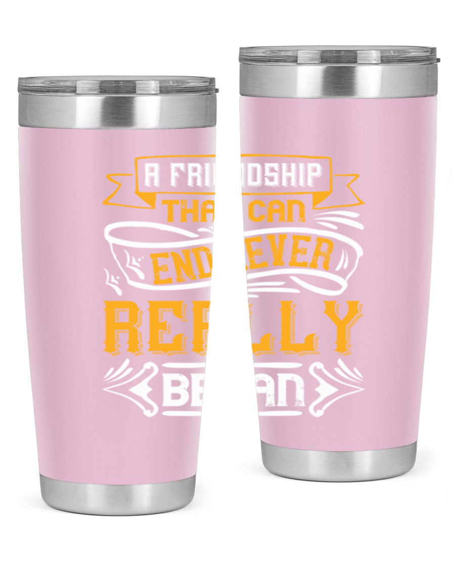 A stylish 20oz and 30oz stainless steel tumbler with a unique friendship-themed design, perfect for hot and cold beverages.