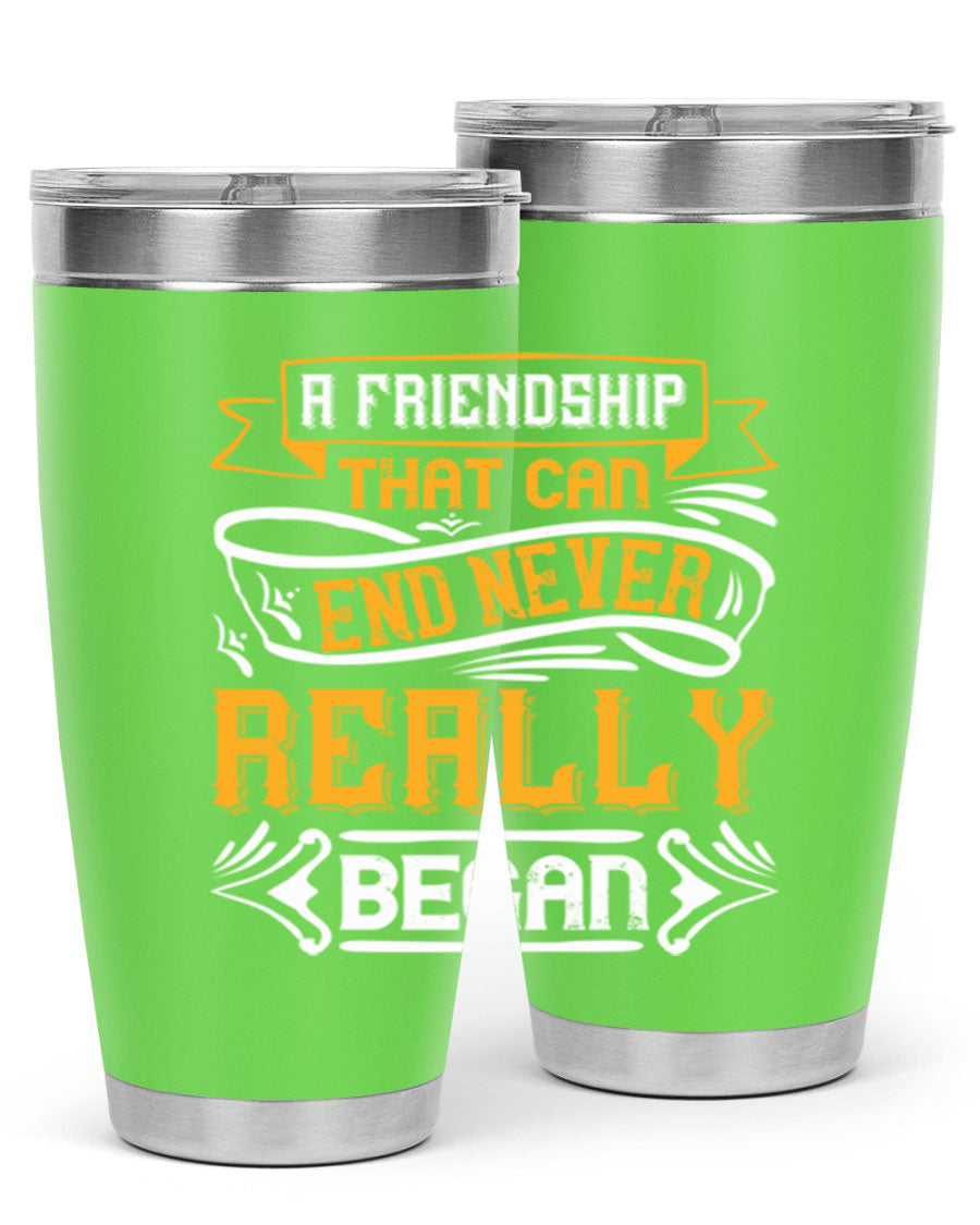 A stylish 20oz and 30oz stainless steel tumbler with a unique friendship-themed design, perfect for hot and cold beverages.