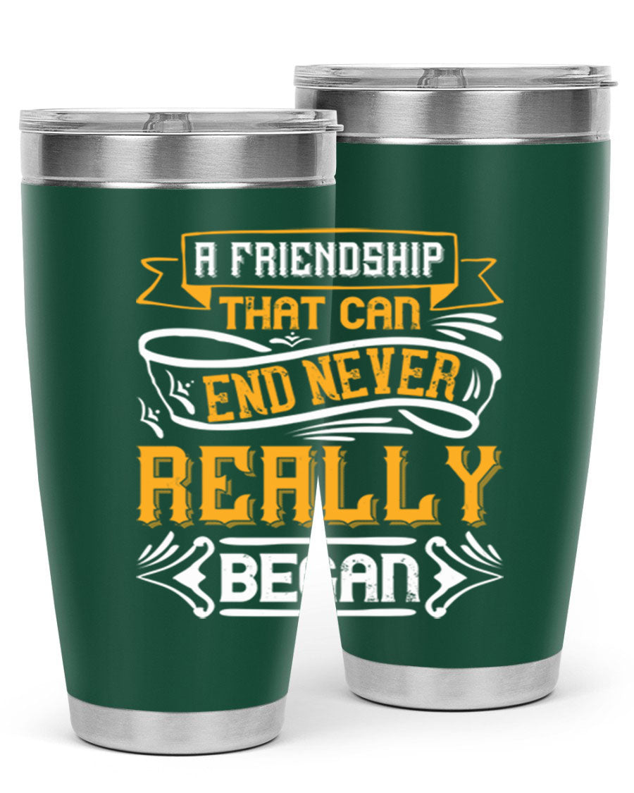 A stylish 20oz and 30oz stainless steel tumbler with a unique friendship-themed design, perfect for hot and cold beverages.