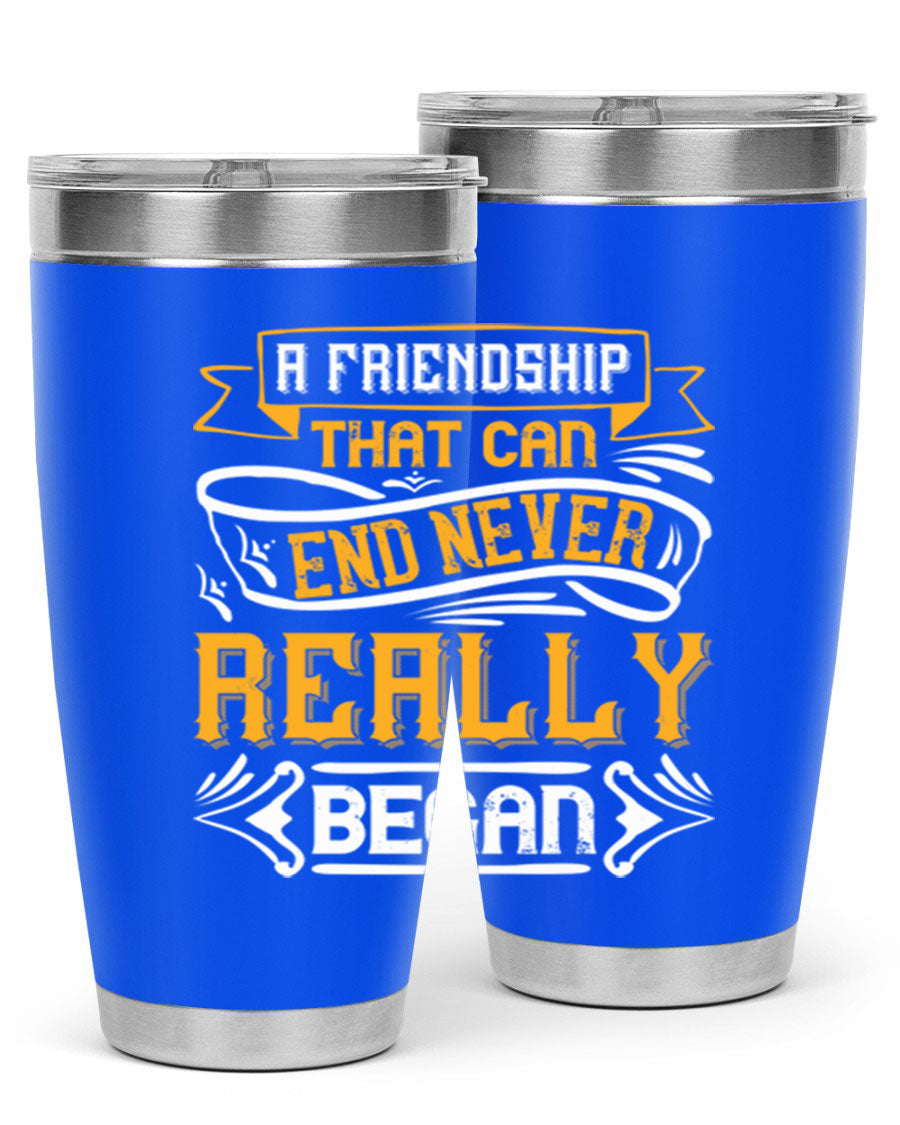 A stylish 20oz and 30oz stainless steel tumbler with a unique friendship-themed design, perfect for hot and cold beverages.