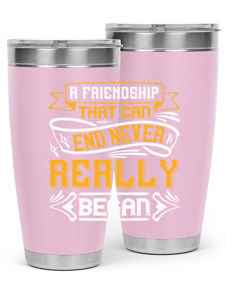 A stylish 20oz and 30oz stainless steel tumbler with a unique friendship-themed design, perfect for hot and cold beverages.