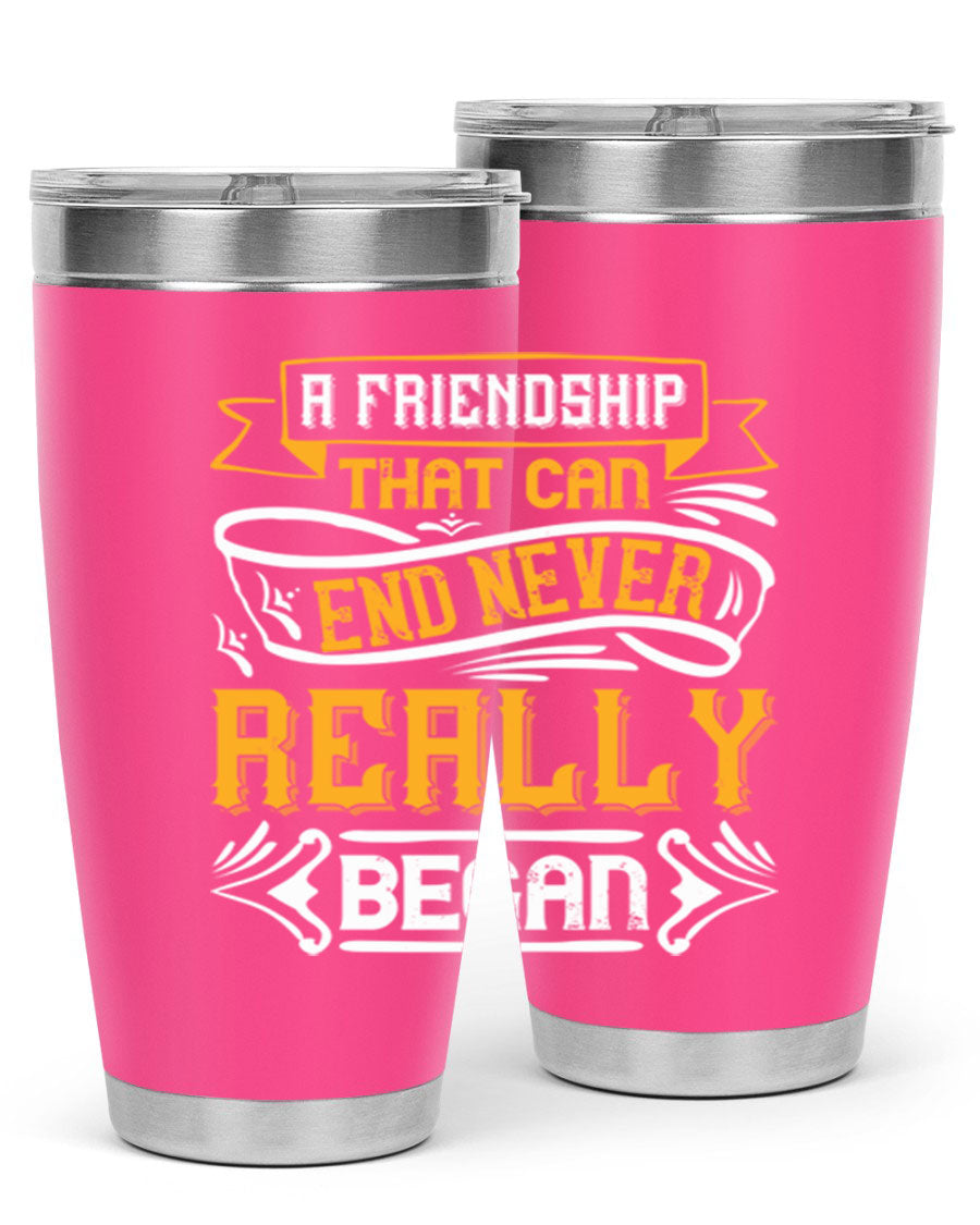 A stylish 20oz and 30oz stainless steel tumbler with a unique friendship-themed design, perfect for hot and cold beverages.