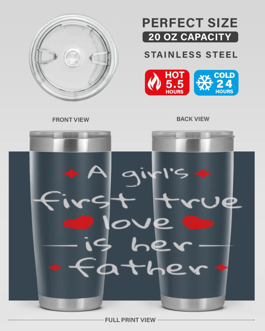 A stylish 20oz stainless steel tumbler with a drink-thru lid, designed for keeping beverages hot or cold, featuring a girl's first true 116# design.