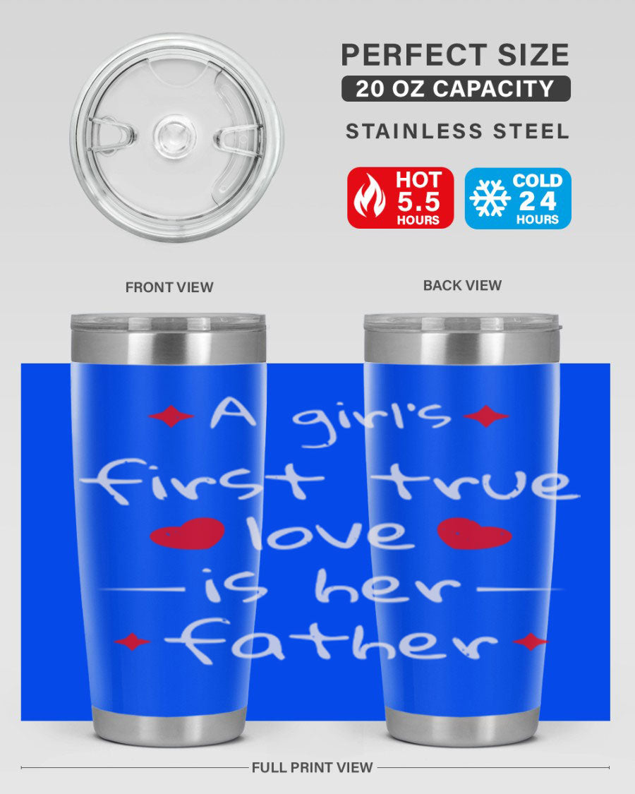 A stylish 20oz stainless steel tumbler with a drink-thru lid, designed for keeping beverages hot or cold, featuring a girl's first true 116# design.