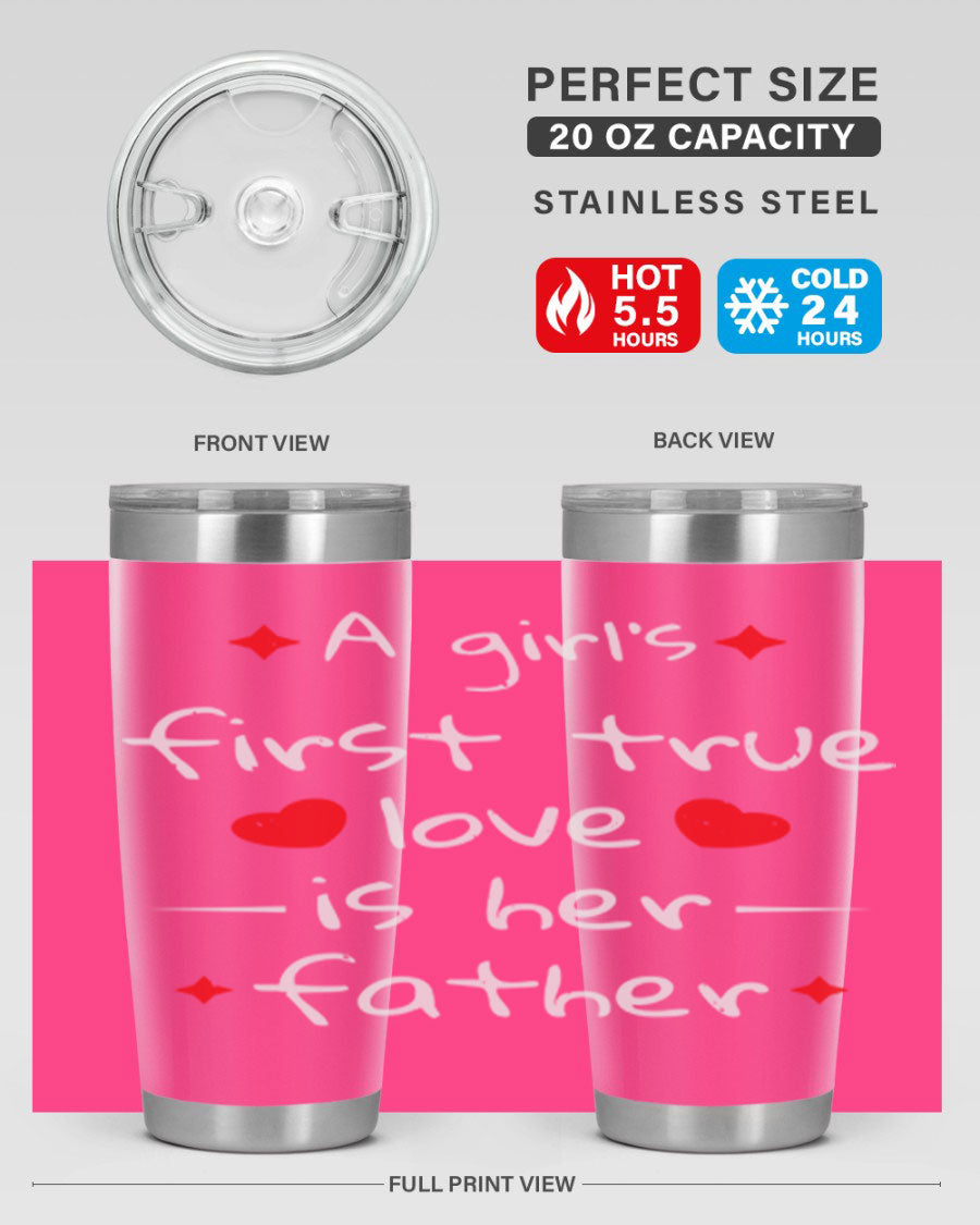 A stylish 20oz stainless steel tumbler with a drink-thru lid, designed for keeping beverages hot or cold, featuring a girl's first true 116# design.