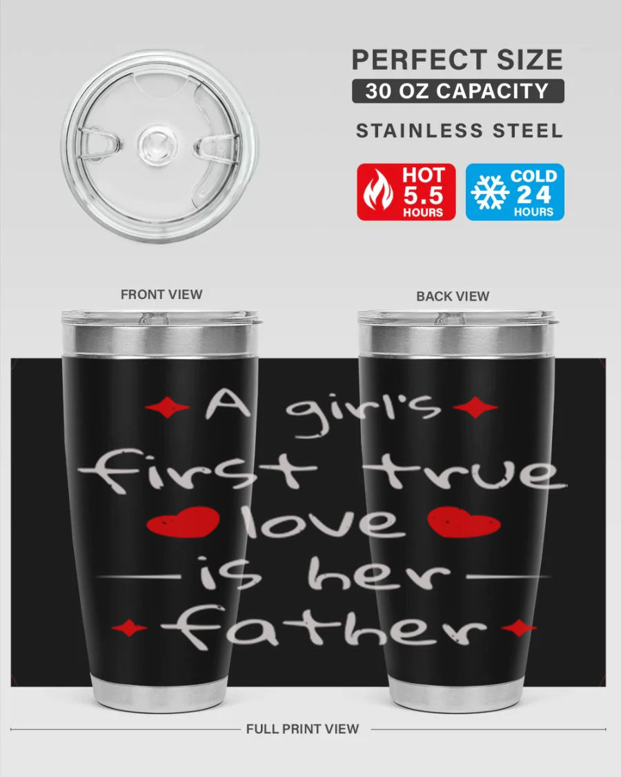 A stylish 20oz stainless steel tumbler with a drink-thru lid, designed for keeping beverages hot or cold, featuring a girl's first true 116# design.