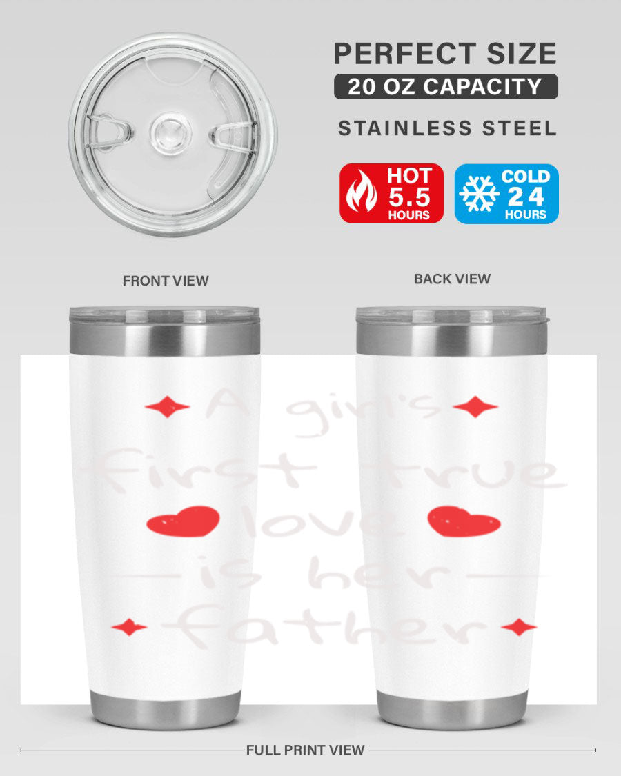 A stylish 20oz stainless steel tumbler with a drink-thru lid, designed for keeping beverages hot or cold, featuring a girl's first true 116# design.