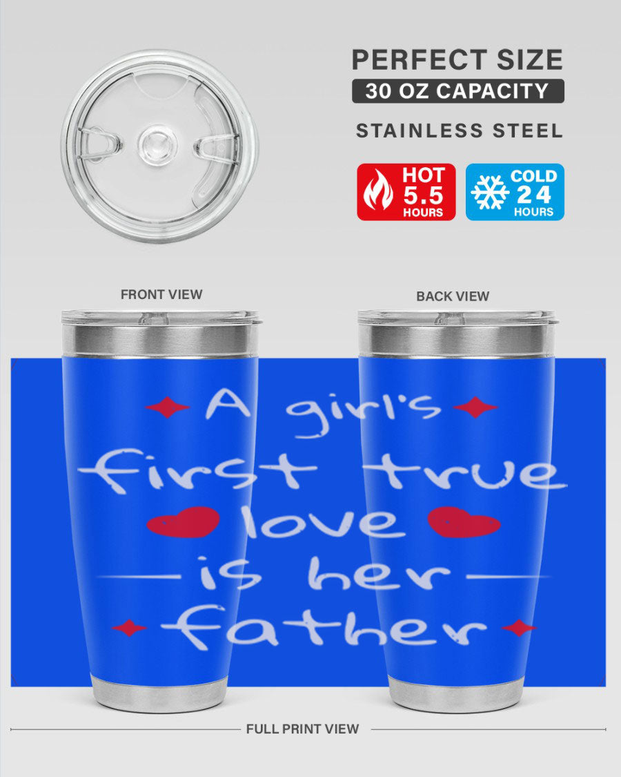 A stylish 20oz stainless steel tumbler with a drink-thru lid, designed for keeping beverages hot or cold, featuring a girl's first true 116# design.