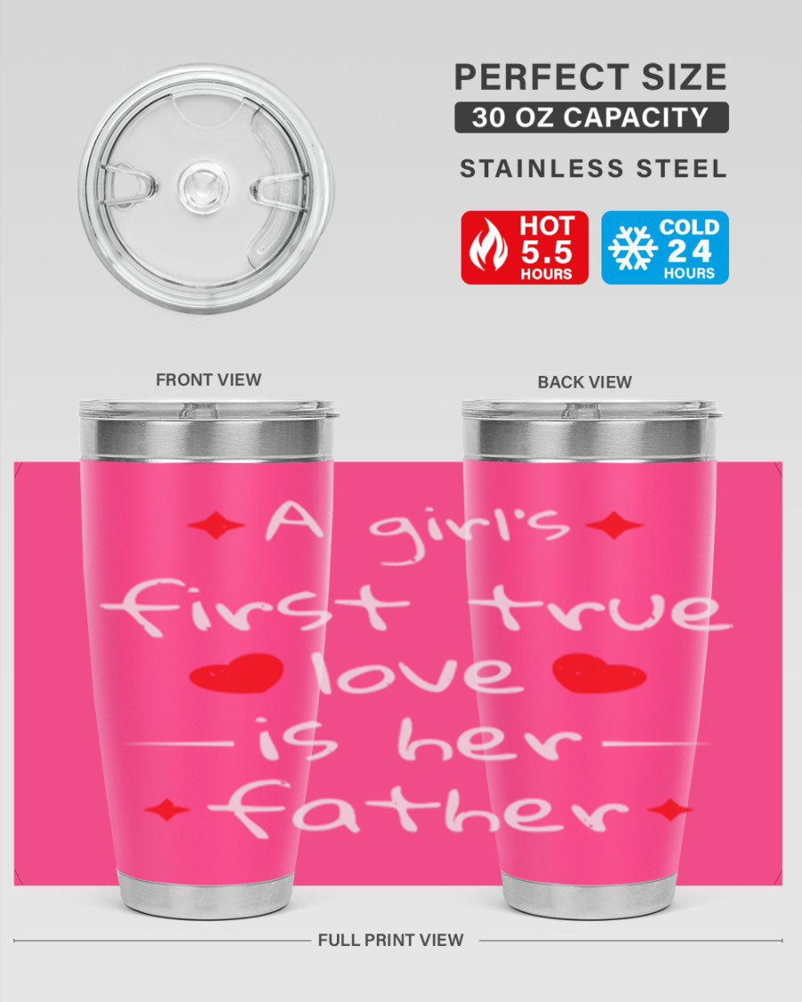 A stylish 20oz stainless steel tumbler with a drink-thru lid, designed for keeping beverages hot or cold, featuring a girl's first true 116# design.