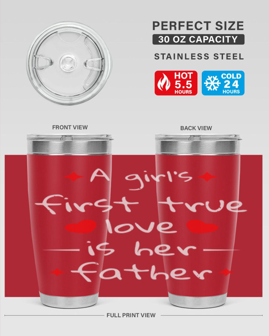 A stylish 20oz stainless steel tumbler with a drink-thru lid, designed for keeping beverages hot or cold, featuring a girl's first true 116# design.